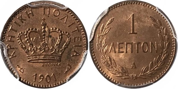 1901 , λεπτόν, Κρητική Πολιτεία, MS65RB PCGS Ελληνικά Συλλεκτικά Νομίσματα